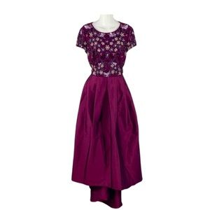 Adrianna Papell Beaded Tafetta formal long dress cascade hem. Size14. Burgundy